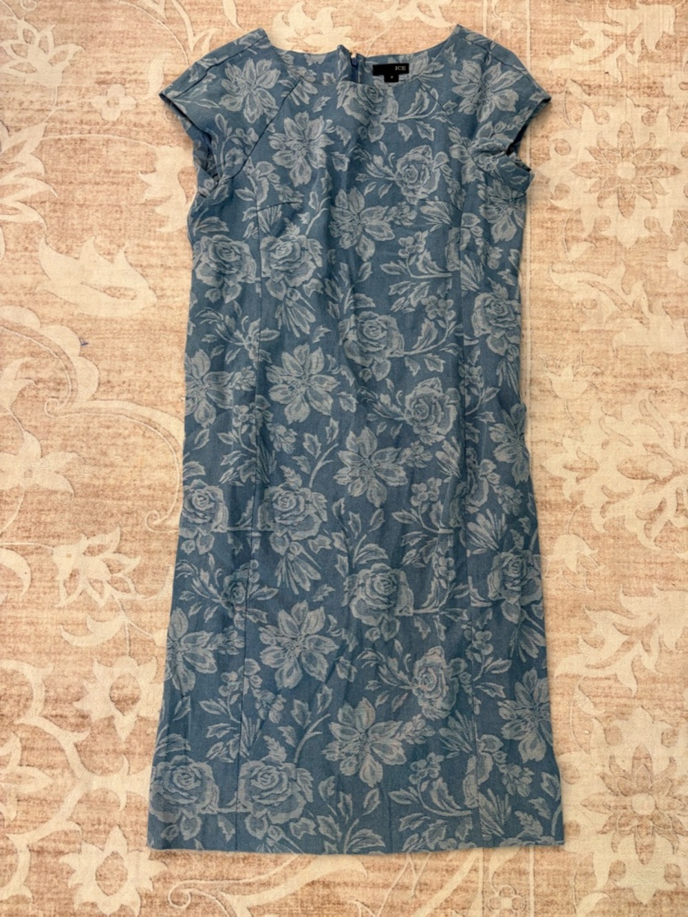 Ice Brand Blue Floral Denim Chambray Jacquard Cap Sleeve Dress Size 12